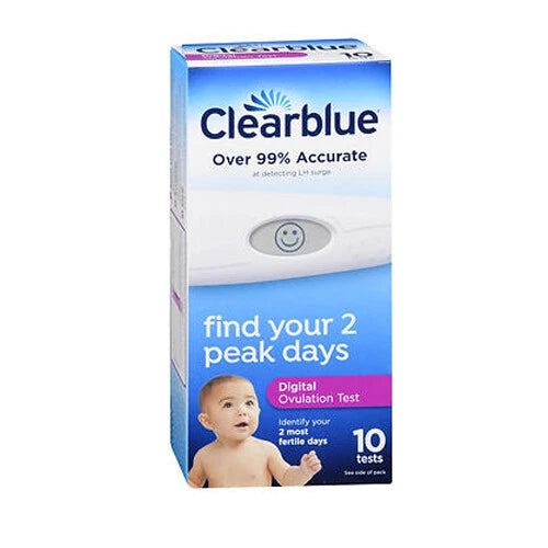 Clearblue digital ovulation test box with 10 tests and peak fertility design
