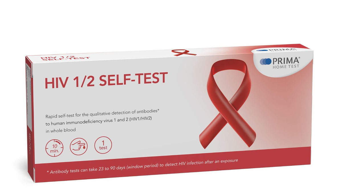 HIV 1/2 self-test kit box with red ribbon graphic and HIV 1/2 SELF-TEST label