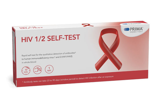 HIV 1/2 self-test kit box with red ribbon graphic and HIV 1/2 SELF-TEST label