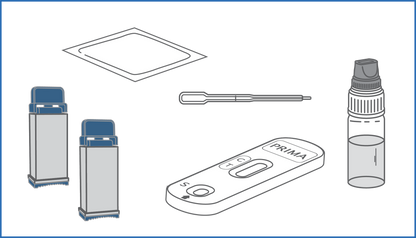 HIV 1/2 home self-test kit components with test device, bottles, and lancets
